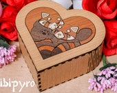Wooden heart box with red pandas marquetry