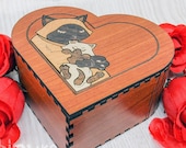 Wooden heart box mother day with Cats marquetry