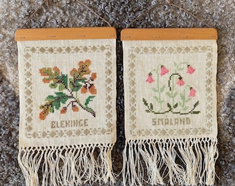 Scandinavian Vintage Wall Hanging Tapestry Cross Stitched Wall Decor Handmade Embroidered Home Decor with Fringes