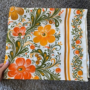Scandinavian Vintage Tablecloth, Retro 70s Viscose Linen, Floral Orange Green Table Linen, Mid Century Home Decor