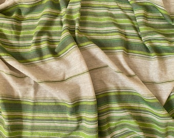 May include: Close-up of a fabric with horizontal stripes in shades of green and beige. The fabric is woven and has a textured surface.