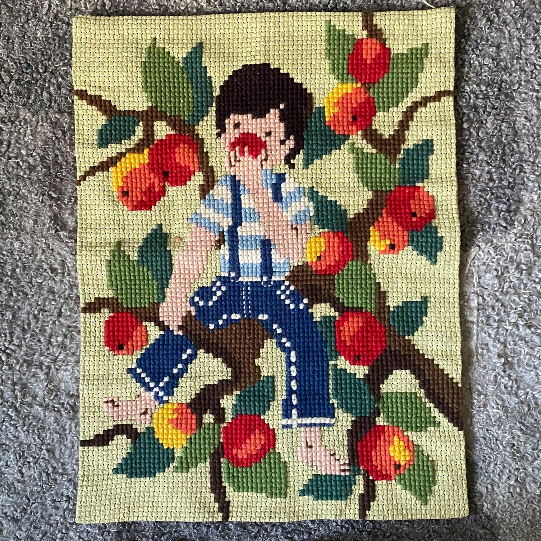 Vintage Big Cross Stitch Tapestry Boy Eating Apples Picture Handmade ...