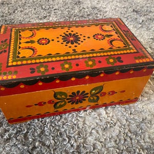 Vintage Hand Painted Jewellery Box Wooden Handmade Storage Box Wood Folk Art Jewelry Box 70s Home Decor