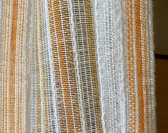 Vintage Scandinavian Sheer Curtain Pair Yellow Orange Striped Mid Century Nordic Window Decor Retro 2 Panels Easter Decor