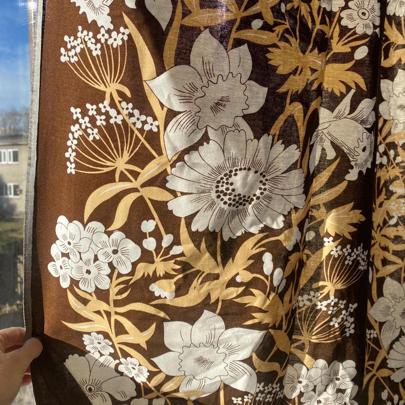 Scandinavian Vintage Curtains 2 Cotton Curtain Panel Swedish White Brown Floral Flowers Decoration, Scandi Home Decor Retro Cotton Curtains image 6