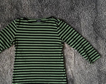 MARIMEKKO Top T Shirt, Size S Green Black Striped Cotton Jersey Three Quarter Sleeve Top Made in Finland Scandinavian Design