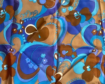 Tela azul vintage de los años 70, tela marrón con estampado clásico, tela sintética para coser, flores grandes y adornos, diseño escandinavo.