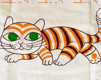 Tessuto di lino vintage anni '70 con stampa di gatti, motivo di gattini arancioni, tessuto per arredamento per la casa per bambini, scandinavo vintage