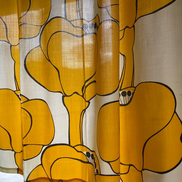 Scandinavian Vintage Curtains 70s Curtain Panel Set of 2 Vintage Yellow Big Flowers Decoration, Decorative Home Decor Swedish Retro