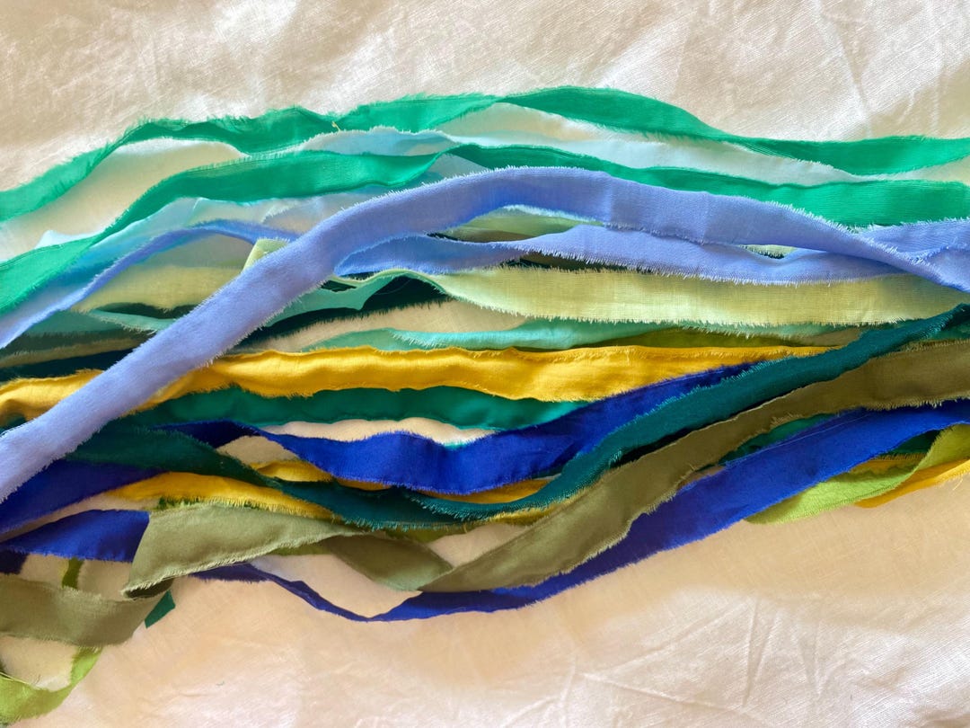 Cotton Fabric Ribbons 17 Hand Torn Ribbon Green Blue Fried Edge Ribbon ...