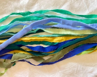 Cotton Fabric Ribbons 17 Hand Torn Ribbon Green Blue Fried Edge Ribbon Bundle Fabric Strips Raw Cotton Ribbons Handmade Cotton Garland