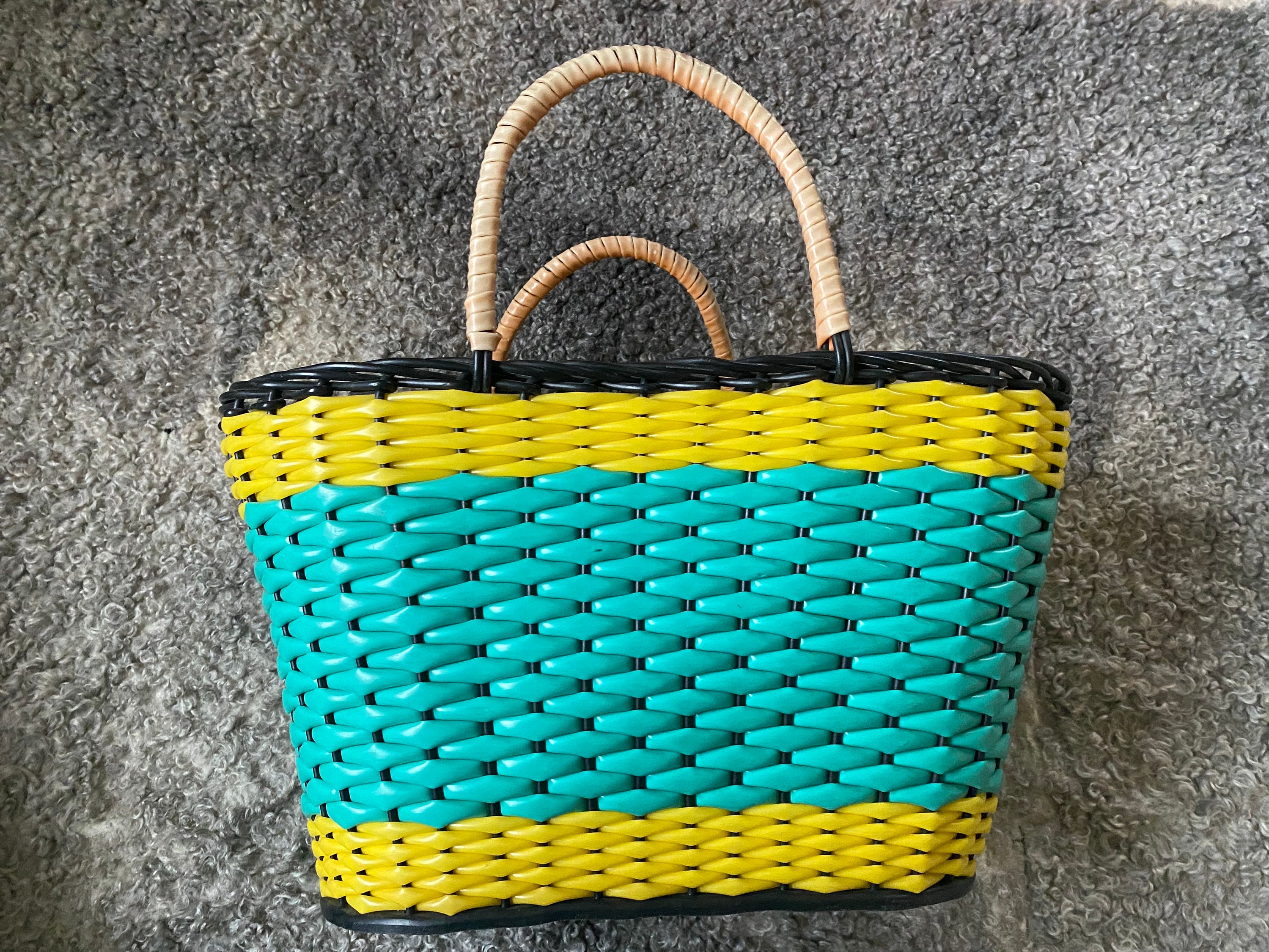 Vintage Market Basket Plastic Wicker Bag Woven Shopping Bag Beach