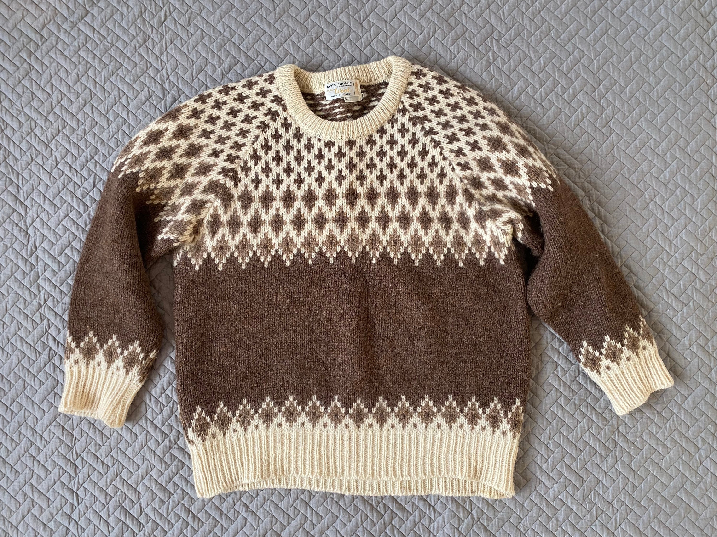 Vintage James Pringle Wool Fair Isle Sweater Natural Wool Women Men Winter Wear Brown White Colours Scottish Fashion