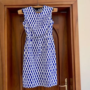 MARIMEKKO Vintage Dress Blue White Sleeveless Dress, Size 36 With Belt and Pockets Finland Scandinavian Design