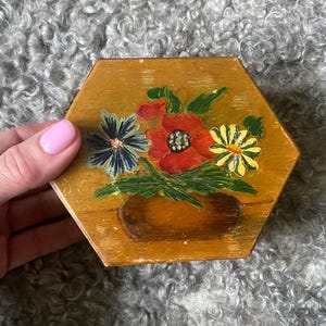 Vintage Hand Painted Jewellery Box Wooden Handmade Storage Box Wood Folk Art Jewelry Box 70s Home Decor
