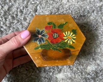 Caja de joyería vintage pintada a mano, caja de almacenamiento de madera hecha a mano, caja de joyería de arte popular de los años 70, decoración del hogar