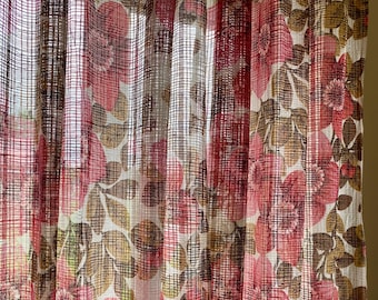 Vintage Scandinavian Floral Curtains,  70s Floral Sheer Panel Pair, Pink Green Brown Retro Design,  Mid Century Nordic Window Decor