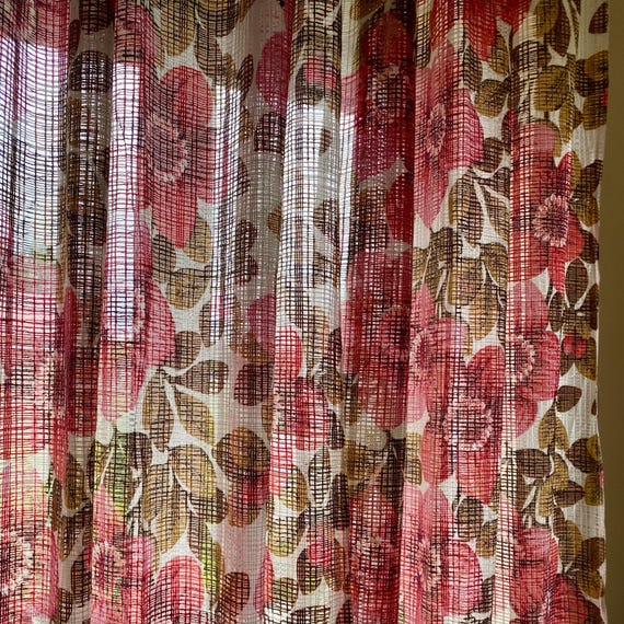 Vintage Skandinavische Blumen Gardinen, 70er Jahre Gardinen, durchsichtige Paneel Vorhänge, rosa grün braun Retro Design, nordische Mid Century Fensterdekoration