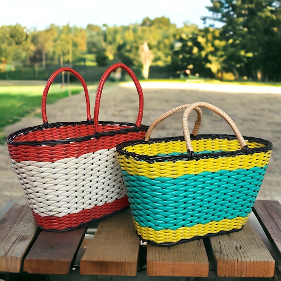 Vintage Market Basket Plastic Wicker Bag Woven Sh… - image 1