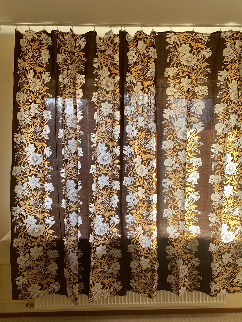 Scandinavian Vintage Curtains 2 Cotton Curtain Panel Swedish White Brown Floral Flowers Decoration, Scandi Home Decor Retro Cotton Curtains image 8