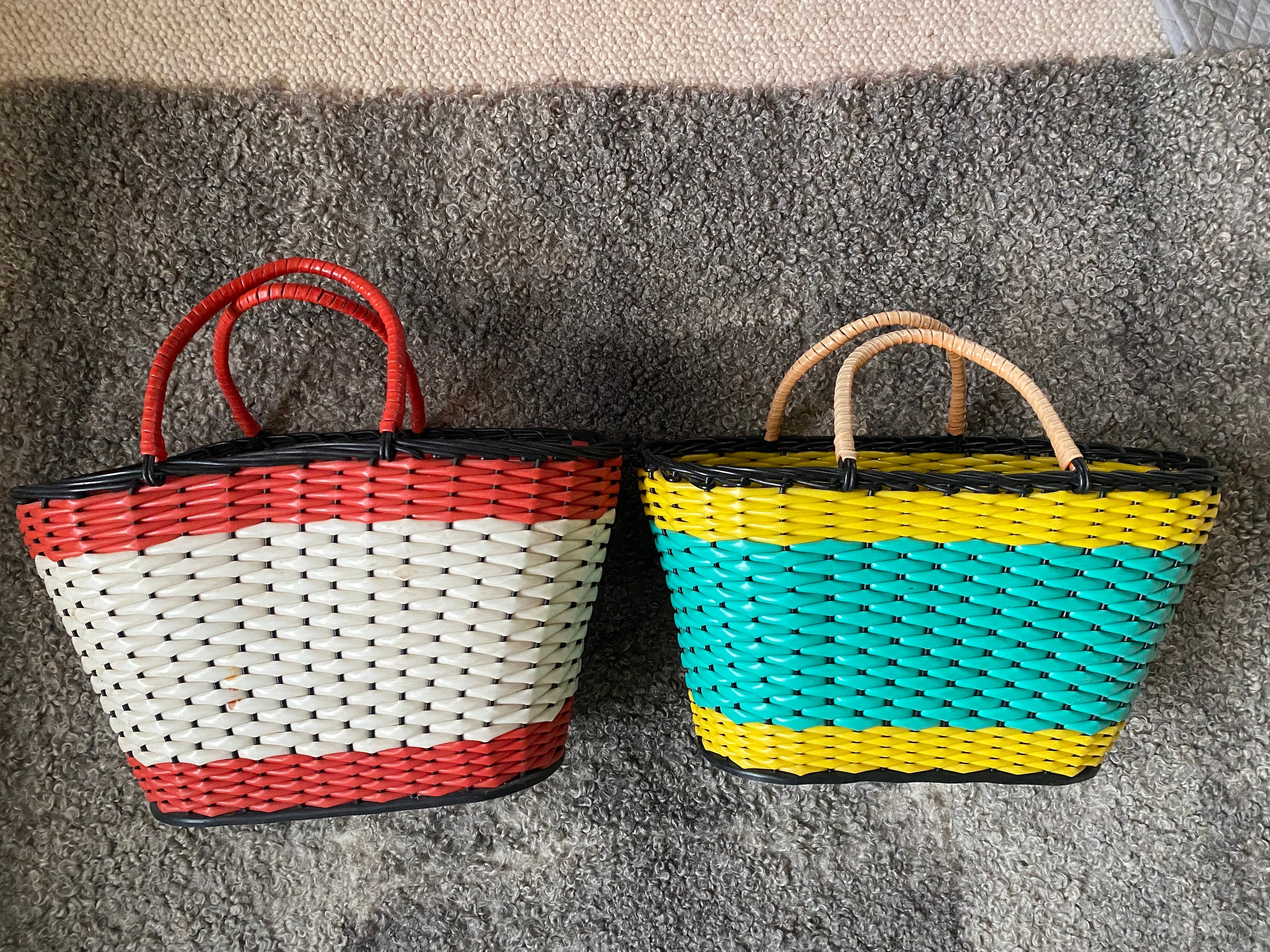Vintage Market Basket Plastic Wicker Bag Woven Shopping Bag Beach