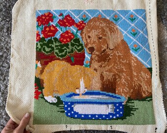 ヴィンテージクロスステッチタペストリー猫と犬の刺繍絵手織りウール