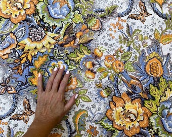 70-tals bomullstyg vintage stora blommor blommigt retrotyg, samlartyg för heminredning 34,3"x 135"