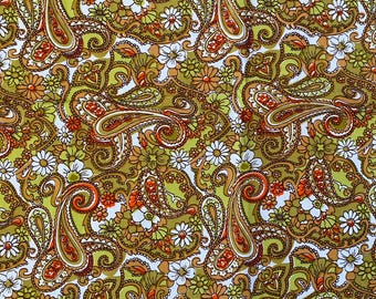 70s Vintage Paisley Fabric Green Orange Floral Classical Print