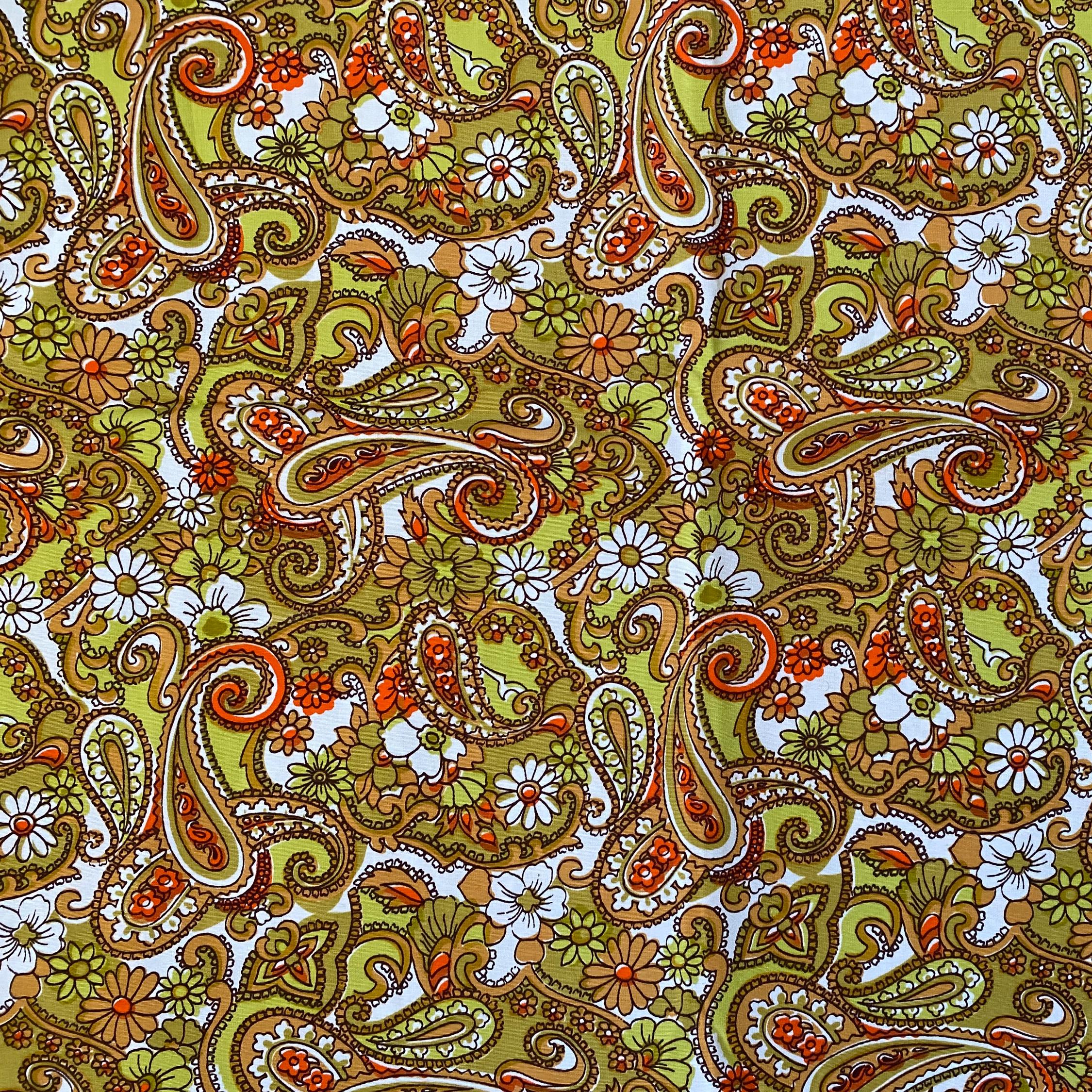 70s Vintage Paisley Fabric Green Orange Floral Classical Print