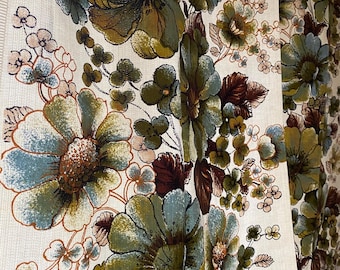 Scandinavian Vintage Curtains Set of 2 Curtain Panels Floral Acrylic Green Brown Big Flowers Floral Summer Textile Scandi Home Decor Swedish