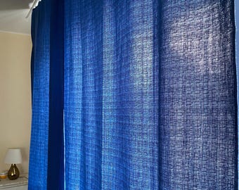Vintage Scandinavian Blue Curtains Pair, Textured Acrylic Cotton Curtains, Mid Century Nordic Sheer Curtain Panels 70s Window Drapes