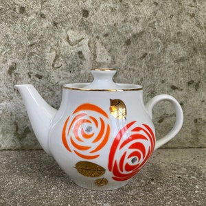 Ukraine Vintage Teapot with Lid Red Golden Hand Painted Decoration Baranivka Porcelain