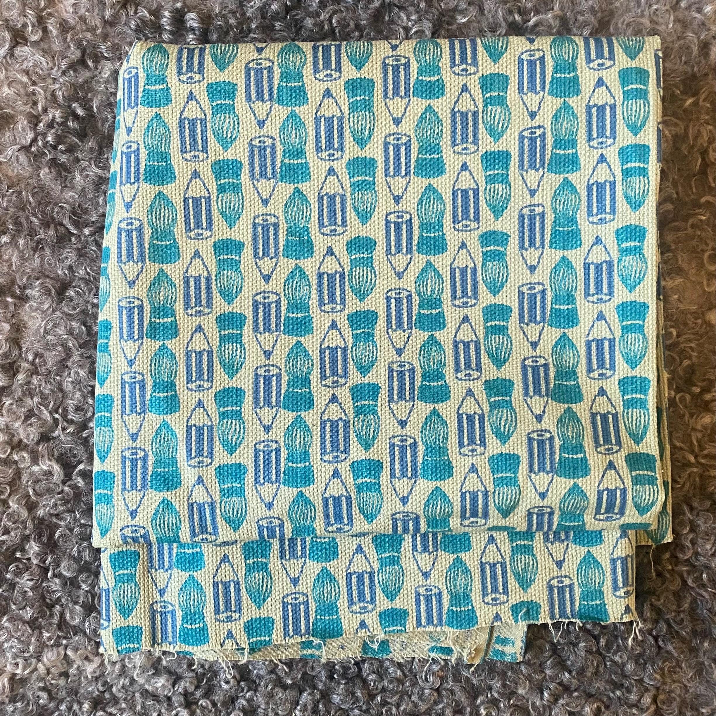 70s Vintage Cotton Fabric Pencil Brush Geometric Pattern Blue Retro Fabric 79cm • 79cm Art Fabric Kreenholm Factory Estonia