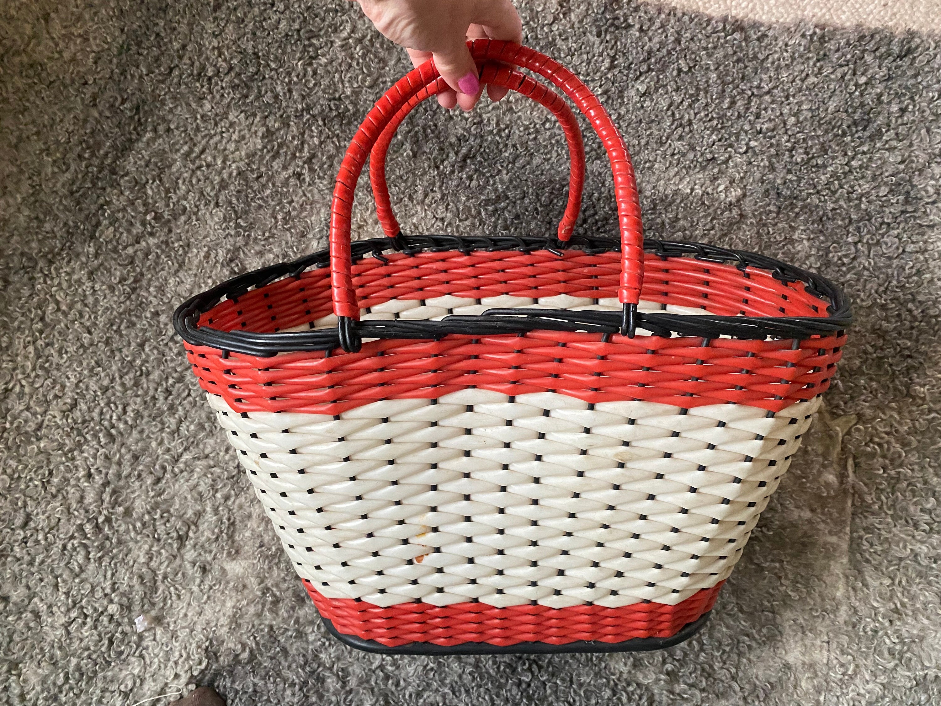Vintage Market Basket Plastic Wicker Bag Woven Shopping Bag Beach