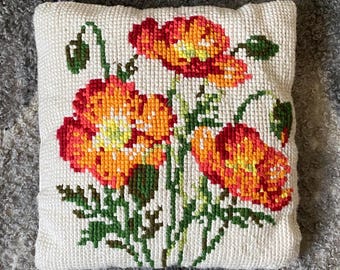 70s Handmade Pillow Vintage Cross Stitched Peony Flowers Mixed Wool Decorative Throw Cushion Pillow Floral Embroidered Scandinavian Design