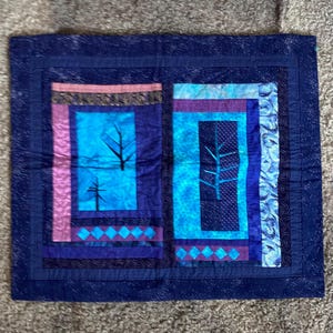 Upcycled Cotton Wall Quilt Handmade Patchwork Textile Art Scandinavian Style Blue Wall Hanging 62x52cm Retro Wall Decor