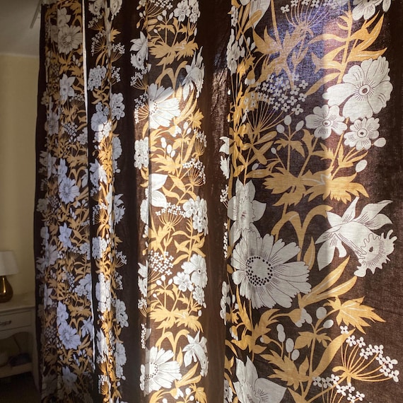 Scandinavian Vintage Curtains 2 Cotton Curtain Panel Swedish White Brown Floral Flowers Decoration, Scandi Home Decor Retro Cotton Curtains