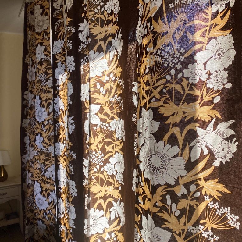 Scandinavian Vintage Curtains 2 Cotton Curtain Panel Swedish White Brown Floral Flowers Decoration, Scandi Home Decor Retro Cotton Curtains image 1
