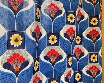 70s Cotton Barkcloth Fabric Big Ornaments Flowers Blue Retro Textured Fabric 1 Meter Yard Collectible 11M Available Home decor