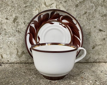 Riga Porcelain Vintage Tea Cup Saucer Hand Painted in Estonian ARS Porcelain Brown Decoration