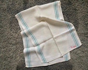 Vintage jaren 60 linnen handdoek keukenhanddoek vaatdoek handgemaakt linnengoed groene strepen cadeau voor moeder grootmoeder Scandinavische boerderij, gebruikt