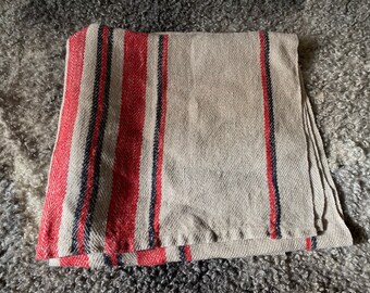 Scandinavian Vintage Linen Bath Towel Striped Natural Beige Red Brown Retro Scandi Home Decor 28.3"x 56"