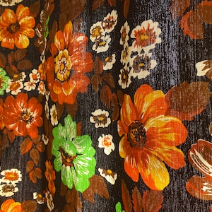 Scandinavian Vintage Linen Curtain Panel Retro 70s Floral Brown Orange Flowers Decorative Home Decor Fabric