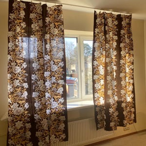 Scandinavian Vintage Curtains 2 Cotton Curtain Panel Swedish White Brown Floral Flowers Decoration, Scandi Home Decor Retro Cotton Curtains image 9