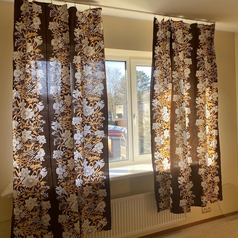 Scandinavian Vintage Curtains 2 Cotton Curtain Panel Swedish White Brown Floral Flowers Decoration, Scandi Home Decor Retro Cotton Curtains image 9