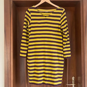Vintage MARIMEKKO Cotton Liselotte Dress Long Sleeve Purple Green Stripes Finland Scandinavian Design Size S Nordic Nautical Clothes Pockets