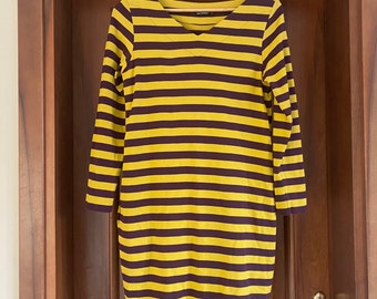 Vintage MARIMEKKO Cotton Liselotte Dress Long Sleeve Purple Green Stripes Finland Scandinavian Design Size S Nordic Nautical Clothes Pockets
