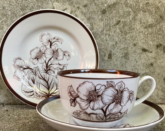 Riga Porcelain Vintage Tea Cup Saucer and Cake Plate Hand Painted in Estonian ARS Porcelain Brown Decoration