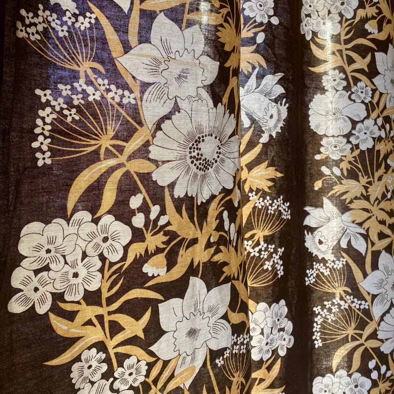 Scandinavian Vintage Curtains 2 Cotton Curtain Panel Swedish White Brown Floral Flowers Decoration, Scandi Home Decor Retro Cotton Curtains image 4
