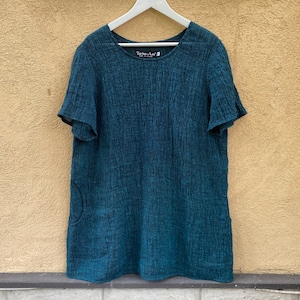 Finnish Vintage Dress TARINA ASU Dress Tunic A-Line Linen Blue Green Top Size M Made in Finland Scandinavian Vintage Dress